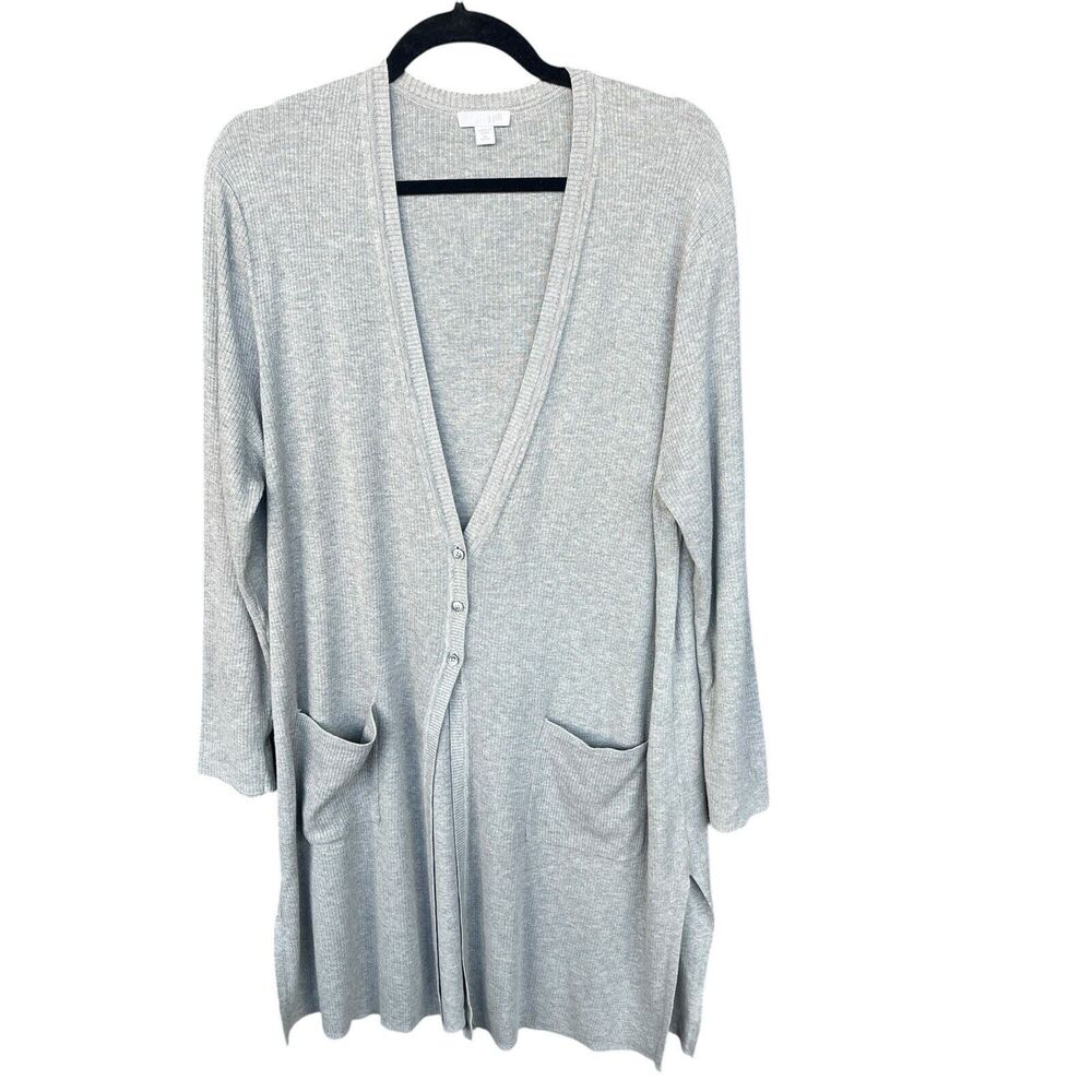 J.‎ Jill Cardigan Sweater Womens Extra Large Petite Longline Gray Ribbed Silk